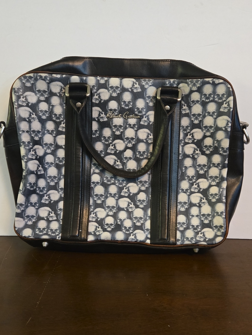 Robert Graham Rambler Skull Print Briefcase Laptop Bag Black Leather Trim